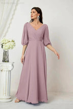 Numbersea Formal Prom Gown Women V-Neck Chiffon Bridesmaid Dresses Long Bishop Sleeve Party Dress 2807 by numbersea