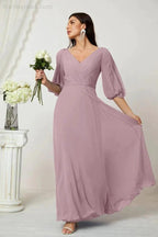 Numbersea Formal Prom Gown Women V-Neck Chiffon Bridesmaid Dresses Long Bishop Sleeve Party Dress 2807 by numbersea