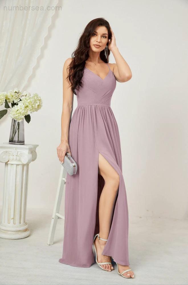 Numbersea Neck Bridesmaid Dresses Chiffon Long Spaghetti A-line Formal Prom Gown for Wedding Party Evening 2801 by numbersea