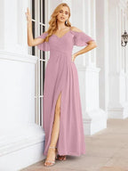 Numbersea Cold Shoulder Long Bridesmaid Dresses Side Slit Formal Prom Gowns Party Wedding 28070 by numbersea