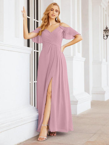 Numbersea Cold Shoulder Long Bridesmaid Dresses Side Slit Formal Prom Gowns Party Wedding 28070