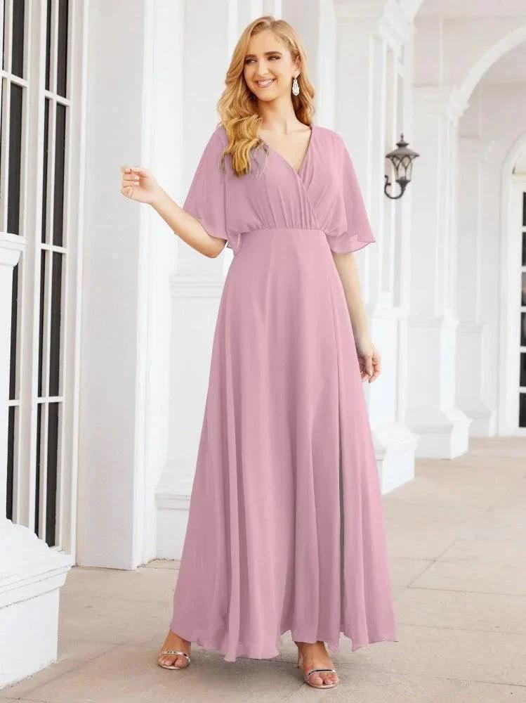 Numbersea V-Neck Bridesmaid Dress Chiffon Long Open Back Formal Dresses for Women Party Evening 28067 by numbersea Main image