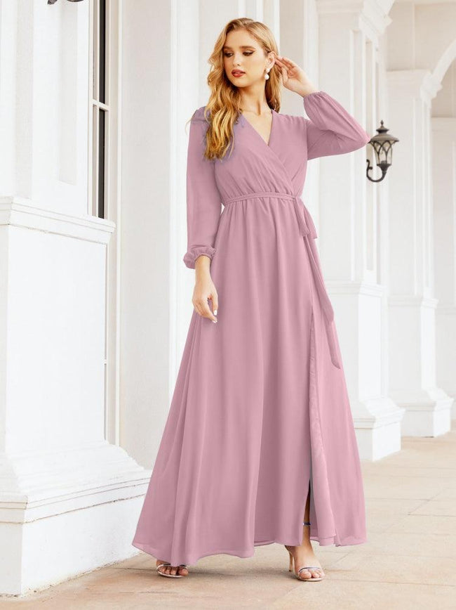 Sunnderly Women's Chiffon Bridesmaid Dress A line Long Sleeves Formal Evening Prom Gown for Wedding Guest SY28032 Hover Image