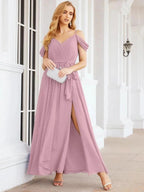 Numbersea Off The Shoulder Chiffon Bridesmaid Dress Long Formal Graduation Gown with Cowl Back 28069 by numbersea