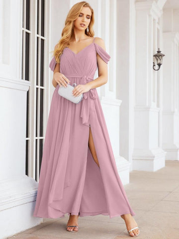 Numbersea Off The Shoulder Chiffon Bridesmaid Dress Long Formal Graduation Gown with Cowl Back 28069