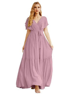 Women's Open Back Formal Evening Party Prom Gowns V-Neck Long Chiffon Bridesmaid Dresses with Waist Belt SEA28038 by numbersea