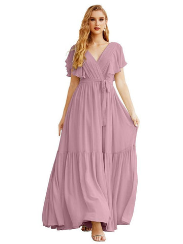 Women's Open Back Formal Evening Party Prom Gowns V-Neck Long Chiffon Bridesmaid Dresses with Waist Belt SEA28038