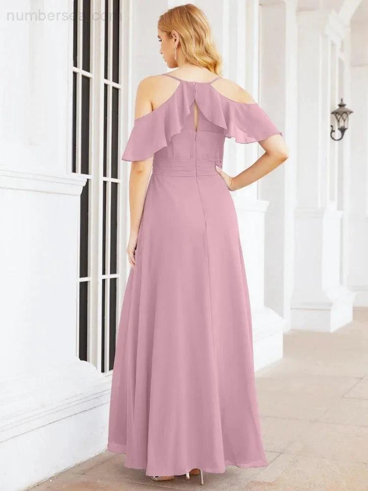 Numbersea Cold Shoulder Long Bridesmaid Dresses Side Slit Formal Prom Gowns Party Wedding 28070 by numbersea