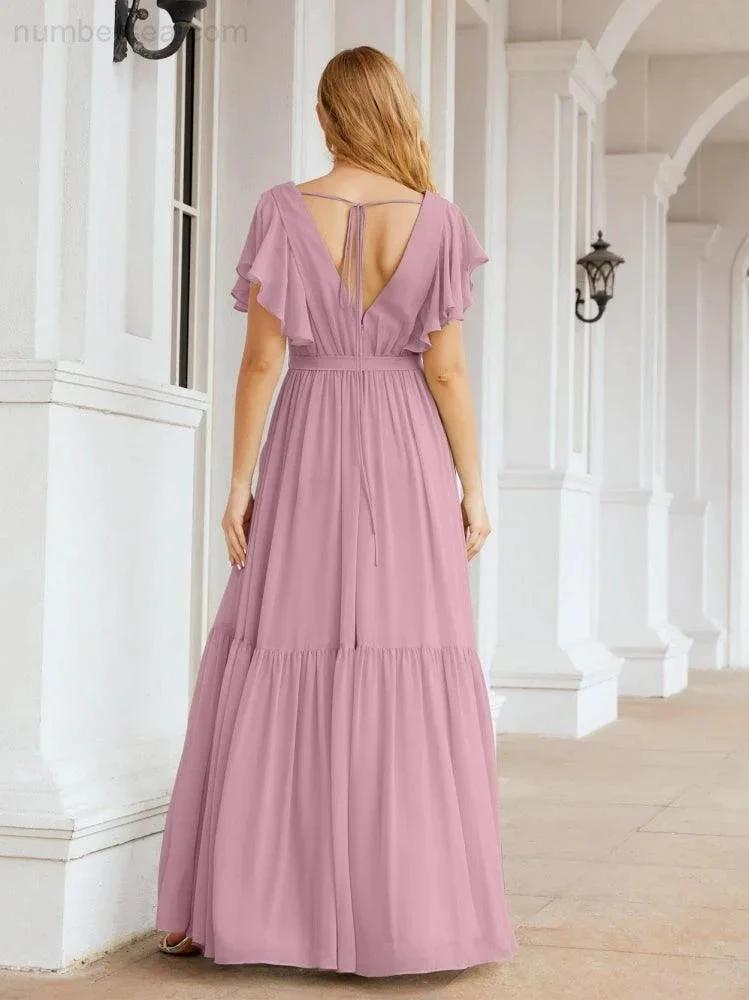 Numbersea Women's Open Back Formal Evening Party Prom Gowns V-Neck Long Chiffon Bridesmaid Dresses with Waist Belt 28038 by numbersea