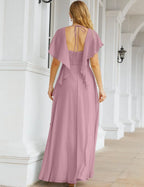 Numbersea Chiffon Bridesmaid Dresses Long Formal Evening Prom Mother of The Bride Dress with Flutter Sleeve     SEA28040