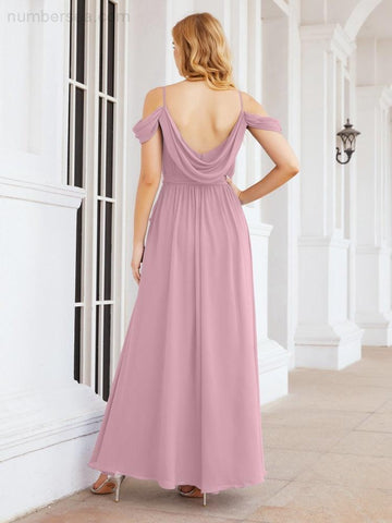 Numbersea Off The Shoulder Chiffon Bridesmaid Dress Long Formal Graduation Gown with Cowl Back 28069