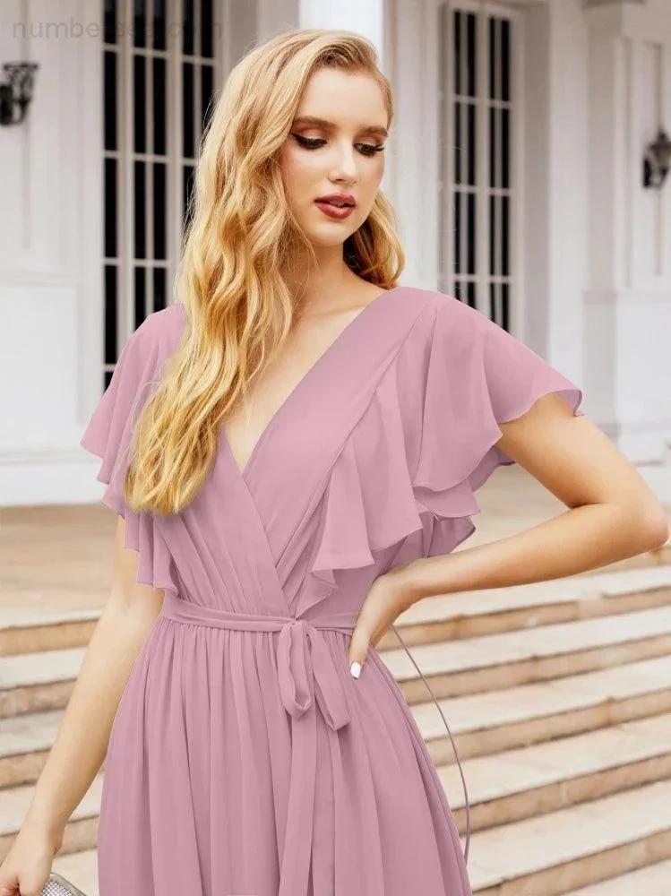 Numbersea Women's Open Back Formal Evening Party Prom Gowns V-Neck Long Chiffon Bridesmaid Dresses with Waist Belt 28038 by numbersea