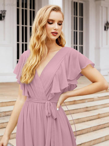 Numbersea Women's Open Back Formal Evening Party Prom Gowns V-Neck Long Chiffon Bridesmaid Dresses with Waist Belt 28038