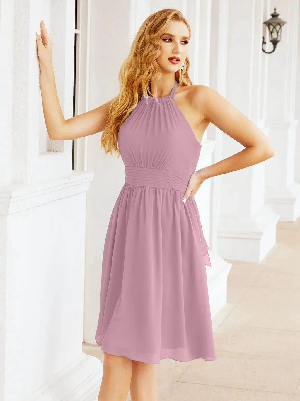 Numbersea Halter Chiffon Bridesmaid Dresses Short Sleeveless Formal Party Dress Open Back 28023 by numbersea
