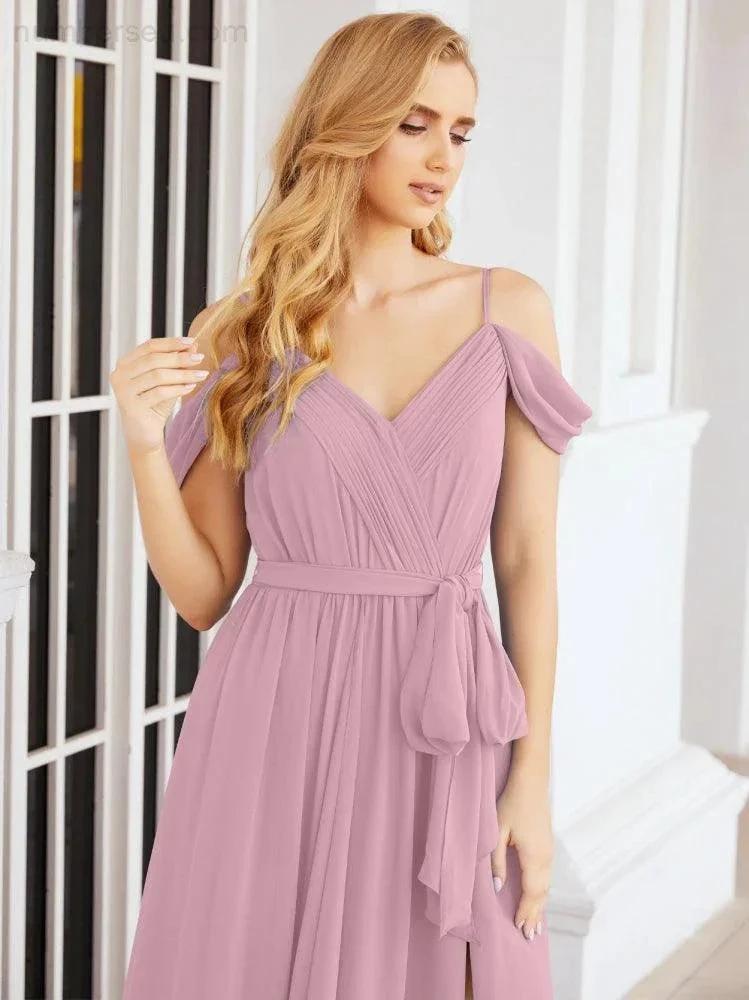 Numbersea Off The Shoulder Chiffon Bridesmaid Dress Long Formal Graduation Gown with Cowl Back 28069 by numbersea