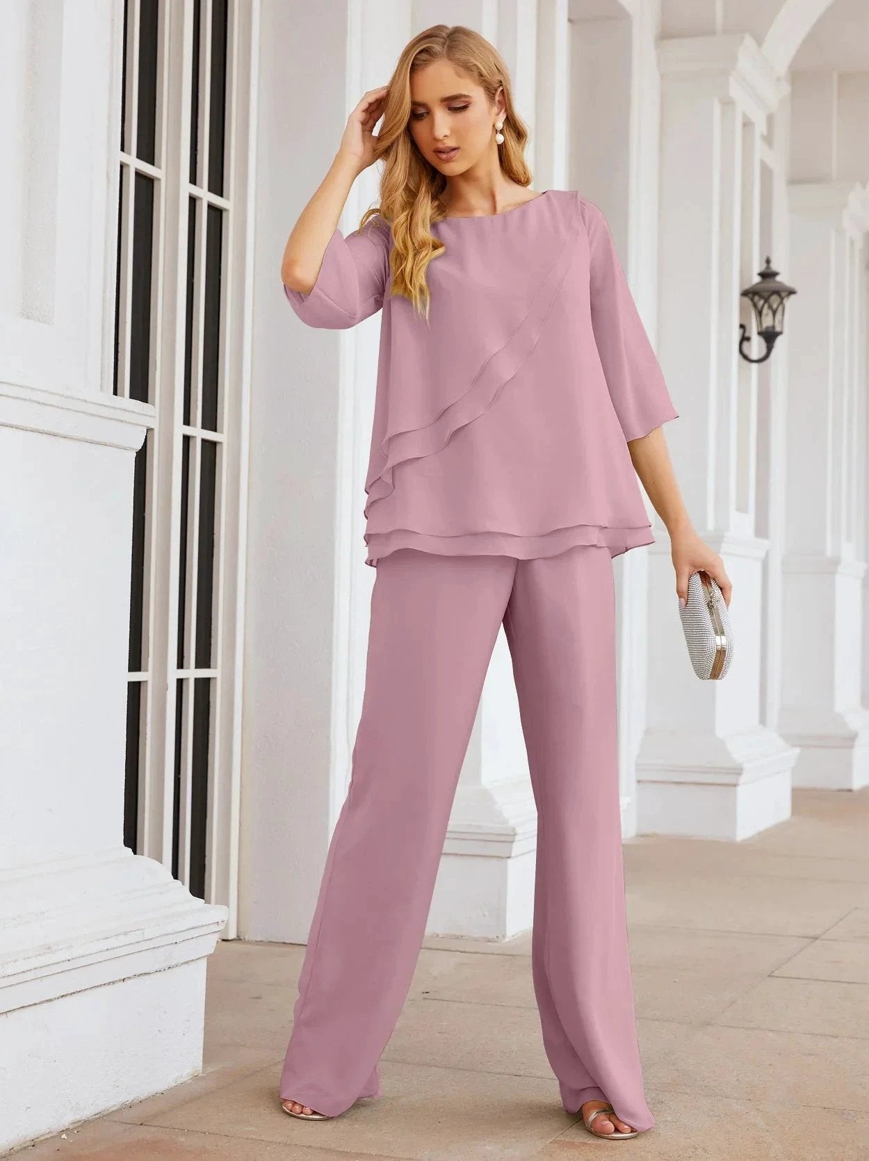 Sunnderly Elegant 2 Piece Mother of The Bride Dress Plus Size Pant Suits Ruffle Layers Sliver Housecoat SY28064 by numbersea
