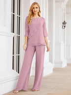 Sunnderly Elegant 2 Piece Mother of The Bride Dress Plus Size Pant Suits Ruffle Layers Sliver Housecoat SY28064 by numbersea
