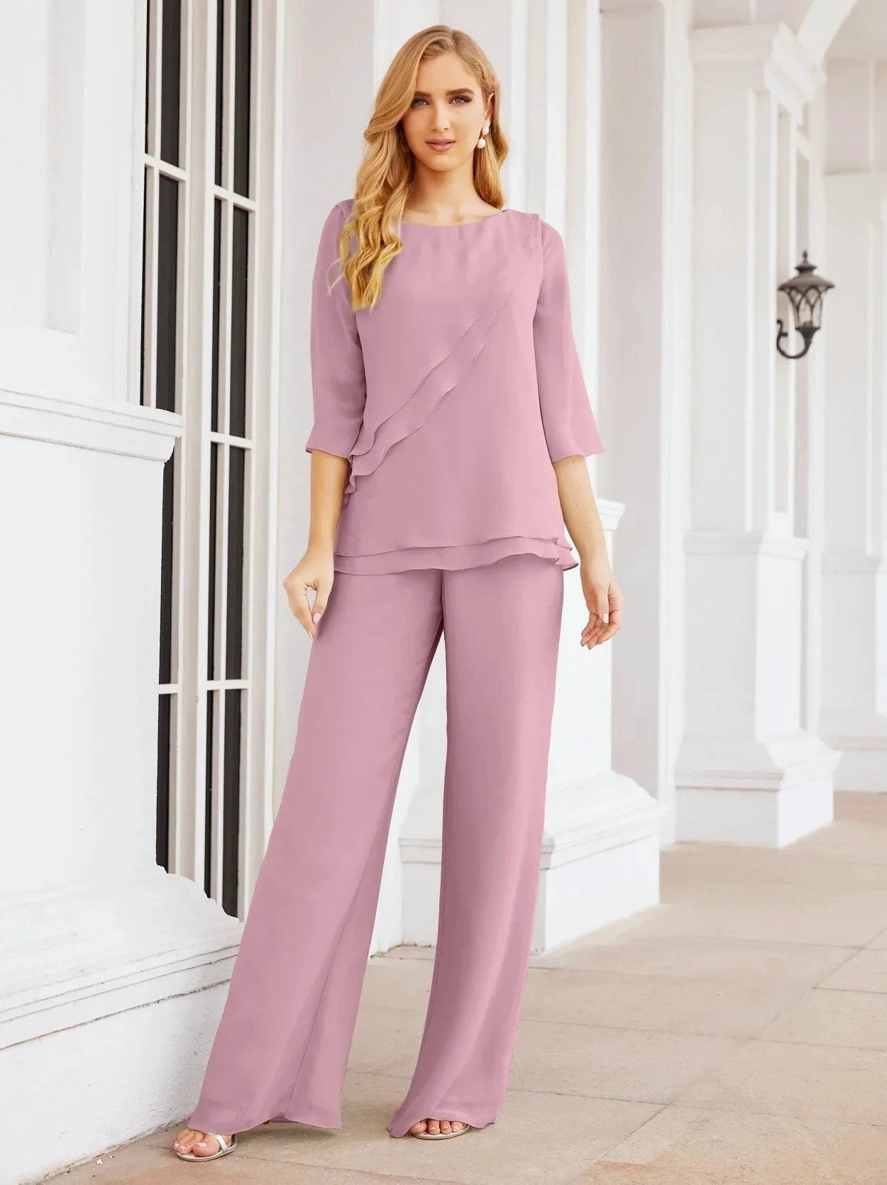 Sunnderly Elegant 2 Piece Mother of The Bride Dress Plus Size Pant Suits Ruffle Layers Sliver Housecoat SY28064 by numbersea