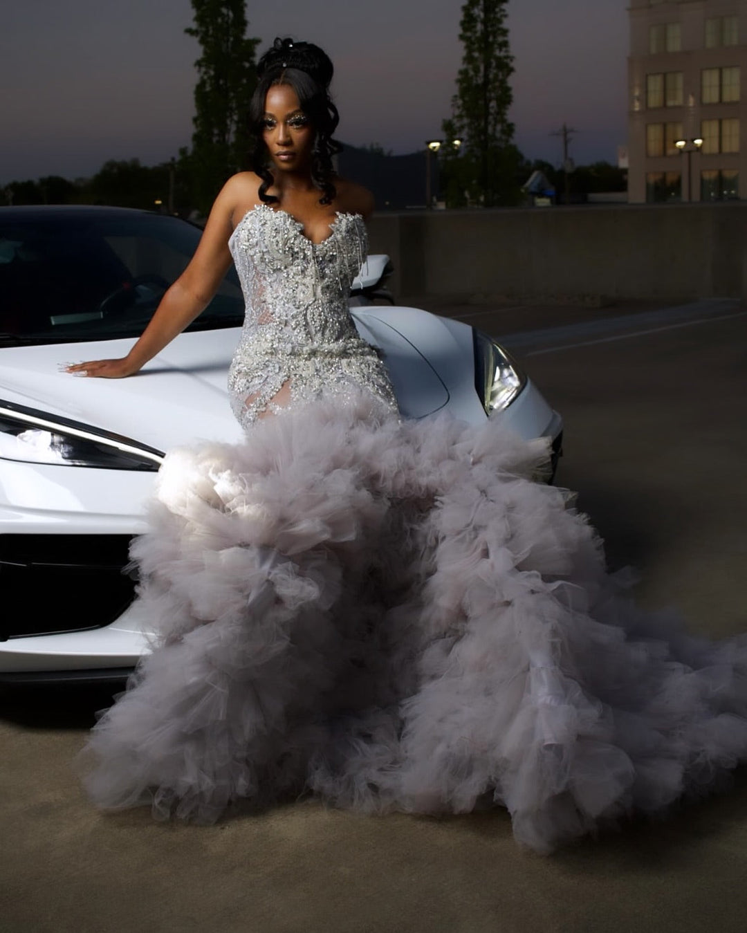 The Silver Cloud - 2026 Crystal Beaded Mermaid Gown: Sweetheart Neckline with Cascading Crystal Fringe &amp; Extravagant White Tulle Cloud Ruffle Train