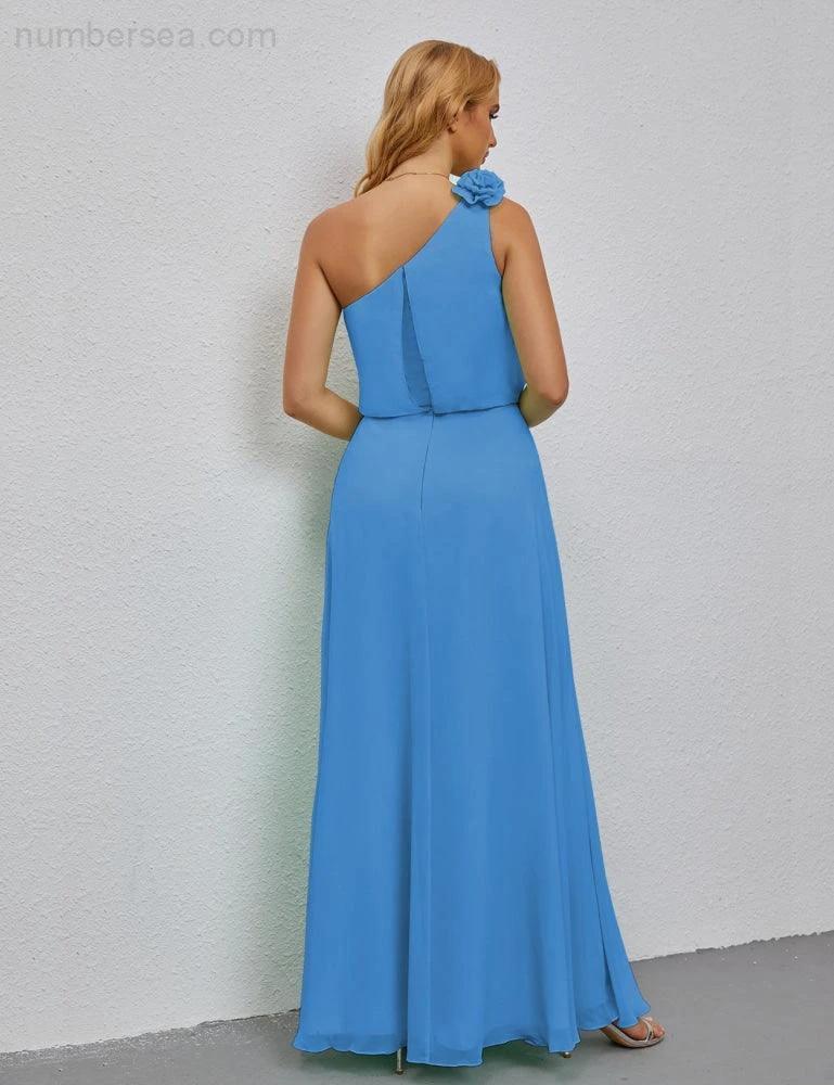 Ruffled One Shoulder Sleeveless Long Bridesmaid Dresses A-line Formal Evening Gown Side Split 28080 by numbersea