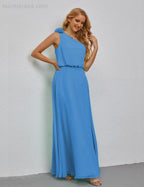 Ruffled One Shoulder Sleeveless Long Bridesmaid Dresses A-line Formal Evening Gown Side Split 28080 by numbersea
