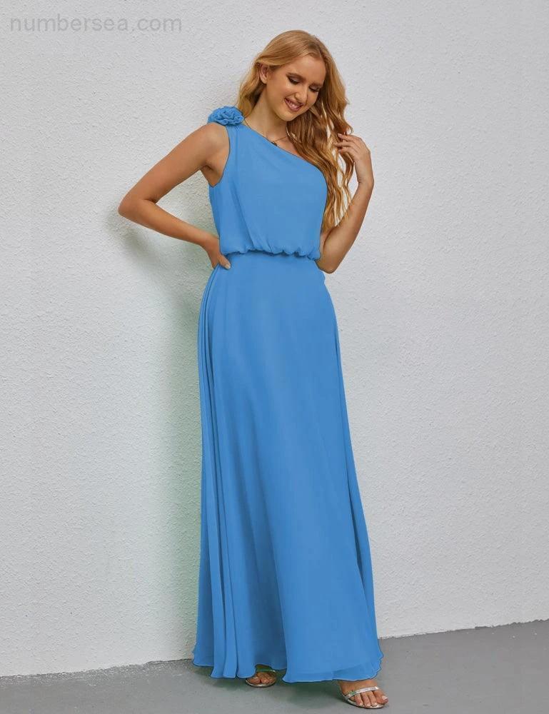 Ruffled One Shoulder Sleeveless Long Bridesmaid Dresses A-line Formal Evening Gown Side Split 28080 by numbersea