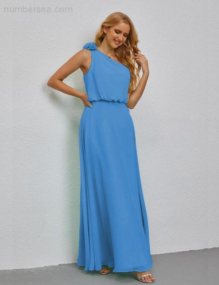 Ruffled One Shoulder Sleeveless Long Bridesmaid Dresses A-line Formal Evening Gown Side Split 28080 by numbersea
