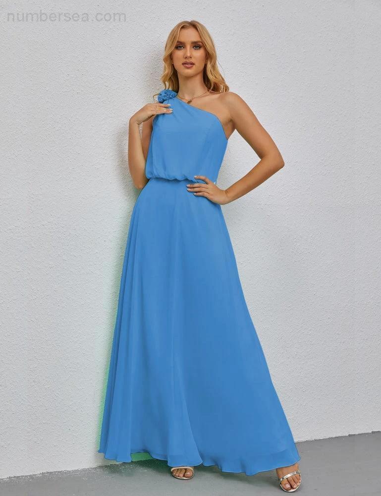 Ruffled One Shoulder Sleeveless Long Bridesmaid Dresses A-line Formal Evening Gown Side Split 28080 by numbersea