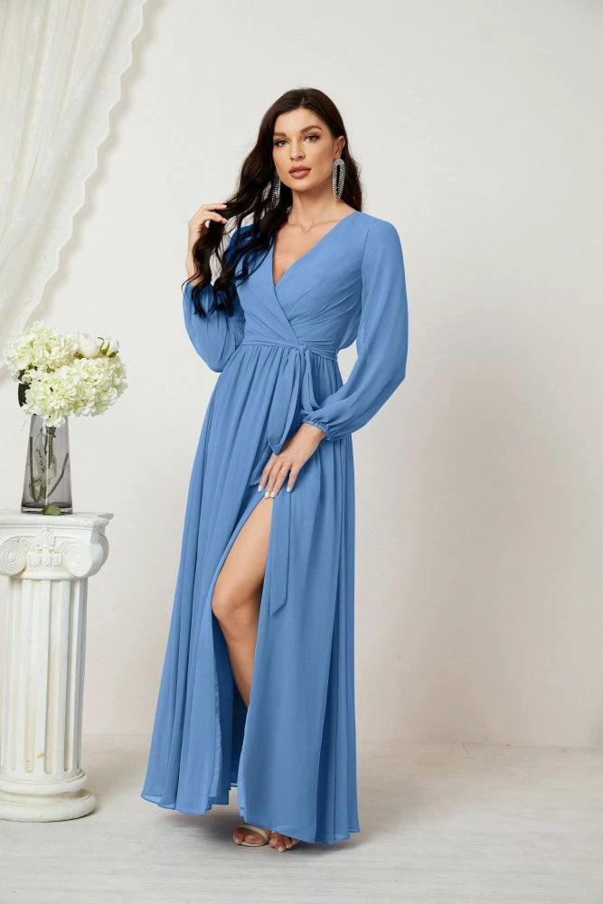 Sunnderly Evening Dresses Deep V-Neck Chiffon Bridesmaid Dresses Long Bishop Sleeve Side Split Formal Dress SY2806 by numbersea