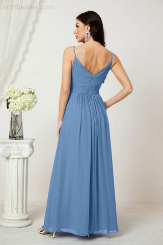 Numbersea Chiffon V-Neck Bridesmaid Dress Spaghetti Strap Long Formal Party Prom Gowns with Slit 28010