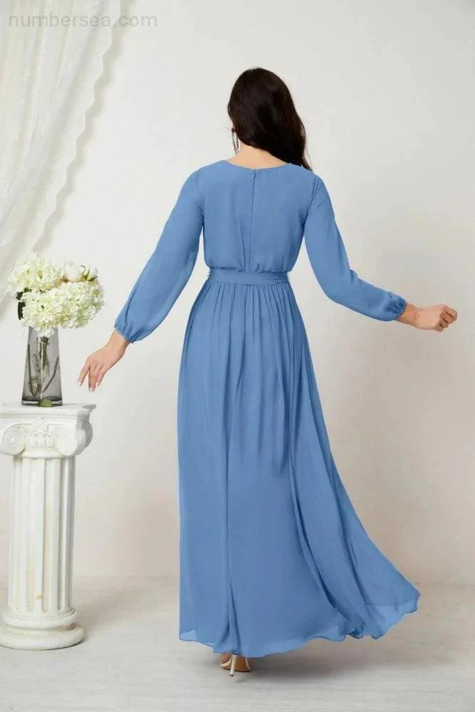 Sunnderly Evening Dresses Deep V-Neck Chiffon Bridesmaid Dresses Long Bishop Sleeve Side Split Formal Dress SY2806 by numbersea
