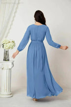 Sunnderly Evening Dresses Deep V-Neck Chiffon Bridesmaid Dresses Long Bishop Sleeve Side Split Formal Dress SY2806 by numbersea
