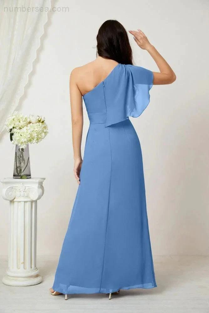 Numbersea Chiffon Ruffled One Shoulder Long Bridesmaid Dresses A-line Formal Evening Gown Side Split 2809 by numbersea