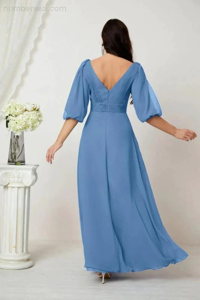 Numbersea Formal Prom Gown Women V-Neck Chiffon Bridesmaid Dresses Long Bishop Sleeve Party Dress 2807 by numbersea