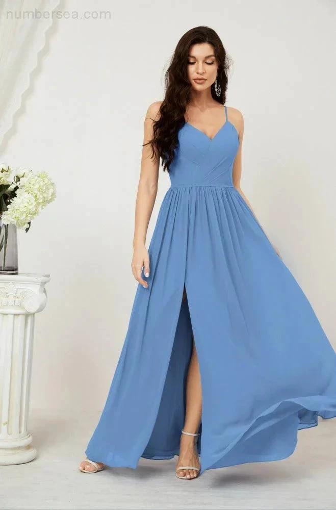 Numbersea Neck Bridesmaid Dresses Chiffon Long Spaghetti A-line Formal Prom Gown for Wedding Party Evening 2801 by numbersea