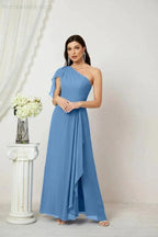 Numbersea Chiffon Ruffled One Shoulder Long Bridesmaid Dresses A-line Formal Evening Gown Side Split 2809 by numbersea