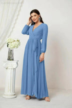 Sunnderly Evening Dresses Deep V-Neck Chiffon Bridesmaid Dresses Long Bishop Sleeve Side Split Formal Dress SY2806 by numbersea