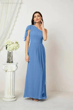 Numbersea Chiffon Ruffled One Shoulder Long Bridesmaid Dresses A-line Formal Evening Gown Side Split 2809 by numbersea