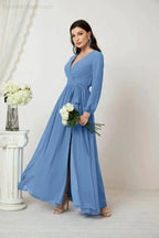 Sunnderly Evening Dresses Deep V-Neck Chiffon Bridesmaid Dresses Long Bishop Sleeve Side Split Formal Dress SY2806 by numbersea