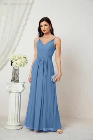 Numbersea Chiffon V-Neck Bridesmaid Dress Spaghetti Strap Long Formal Party Prom Gowns with Slit 28010