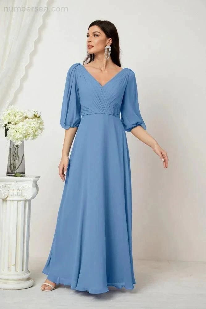 Numbersea Formal Prom Gown Women V-Neck Chiffon Bridesmaid Dresses Long Bishop Sleeve Party Dress 2807 by numbersea