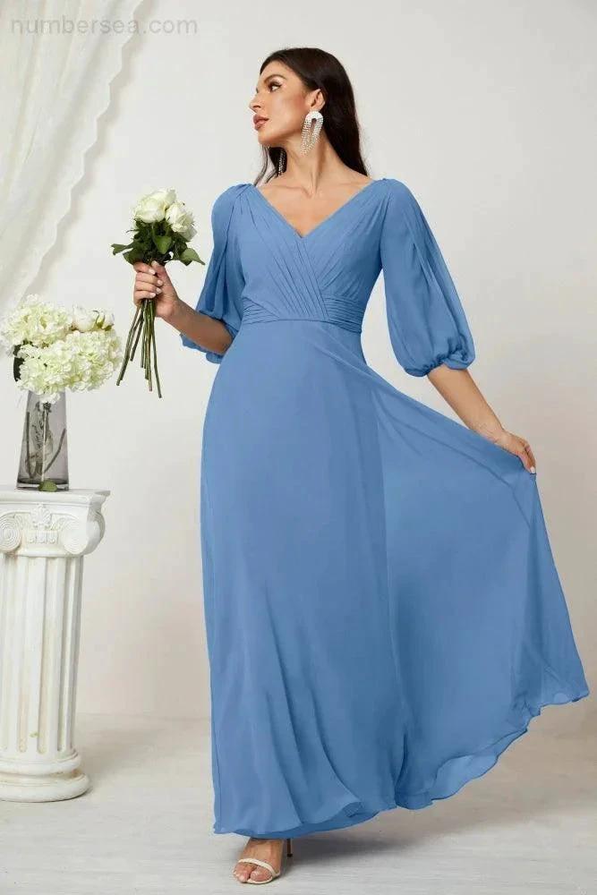 Numbersea Formal Prom Gown Women V-Neck Chiffon Bridesmaid Dresses Long Bishop Sleeve Party Dress 2807 by numbersea