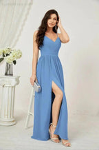 Numbersea Neck Bridesmaid Dresses Chiffon Long Spaghetti A-line Formal Prom Gown for Wedding Party Evening 2801 by numbersea
