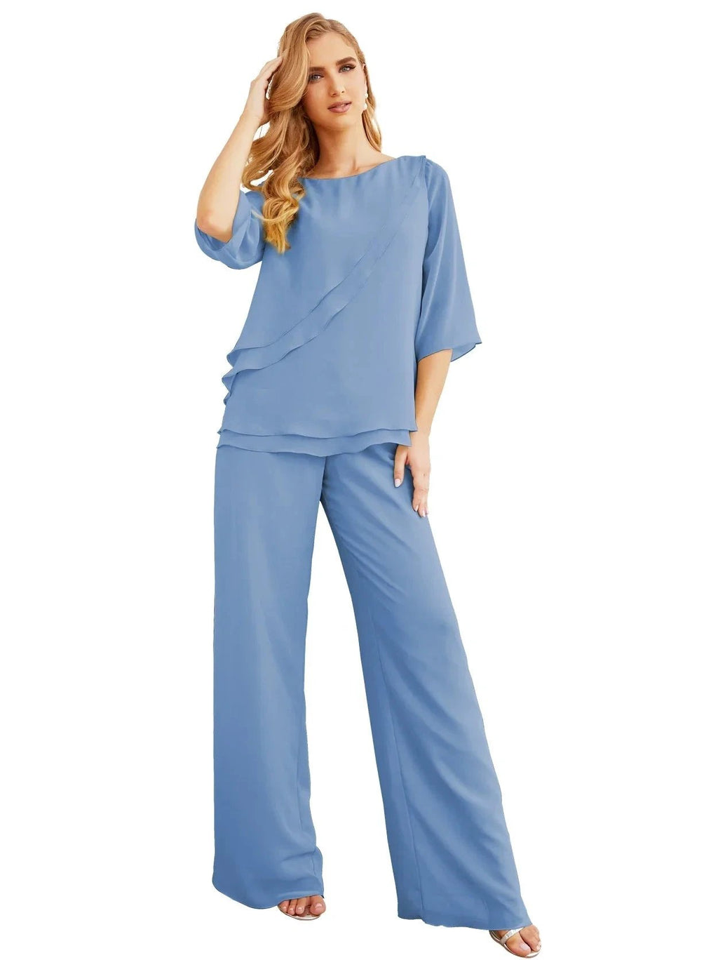 Sunnderly Elegant 2 Piece Mother of The Bride Dress Plus Size Pant Suits Ruffle Layers Sliver Housecoat SY28064 by numbersea
