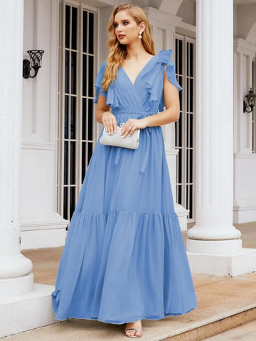 Numbersea Women's Open Back Formal Evening Party Prom Gowns V-Neck Long Chiffon Bridesmaid Dresses with Waist Belt 28038