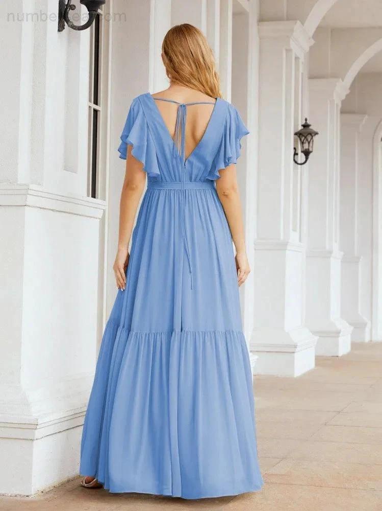 Numbersea Women's Open Back Formal Evening Party Prom Gowns V-Neck Long Chiffon Bridesmaid Dresses with Waist Belt 28038 by numbersea