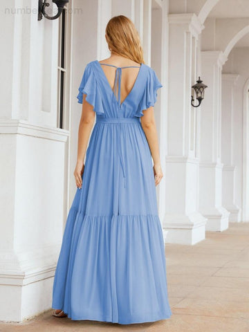 Numbersea Women's Open Back Formal Evening Party Prom Gowns V-Neck Long Chiffon Bridesmaid Dresses with Waist Belt 28038