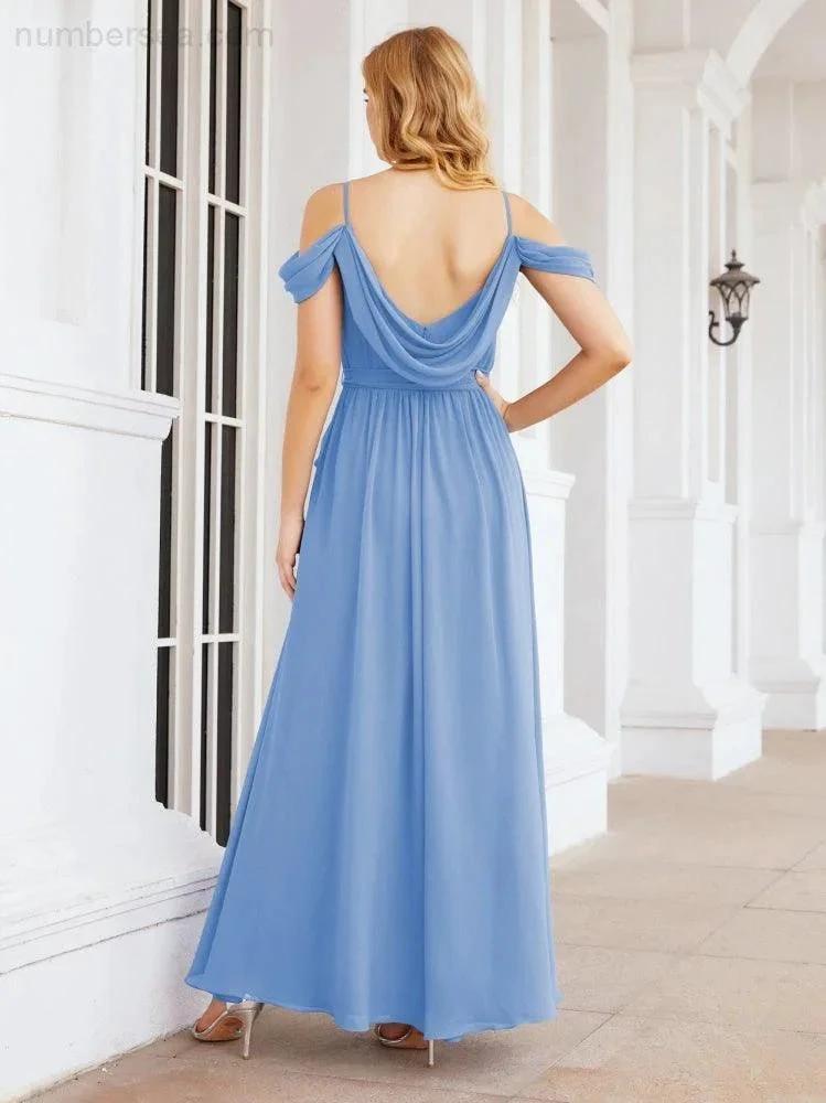 Numbersea Off The Shoulder Chiffon Bridesmaid Dress Long Formal Graduation Gown with Cowl Back 28069 by numbersea