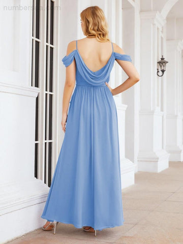Numbersea Off The Shoulder Chiffon Bridesmaid Dress Long Formal Graduation Gown with Cowl Back 28069