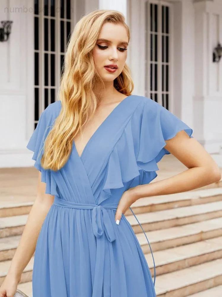 Numbersea Women's Open Back Formal Evening Party Prom Gowns V-Neck Long Chiffon Bridesmaid Dresses with Waist Belt 28038 by numbersea